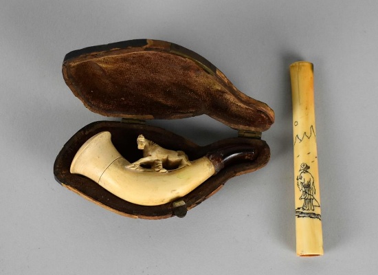 Two Small Antique Smoking Items: Carved Pipe with Leather Case, Scrimshaw Decorated Cigarette Holder