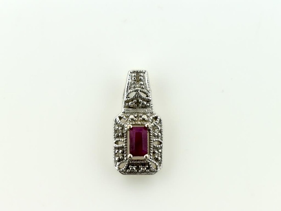 10K White Gold Natural Ruby and Diamond Pendant