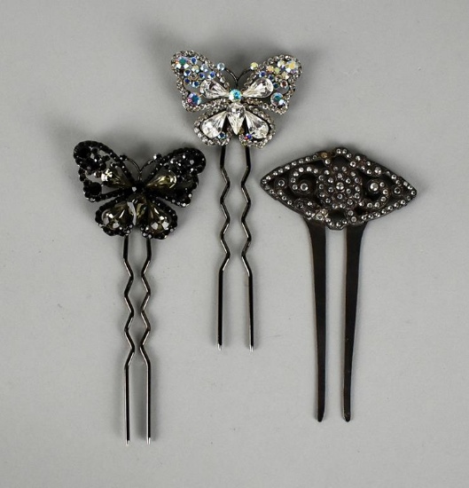 Lot of Three Hematite or Rhinestone Encrusted Hair Clips