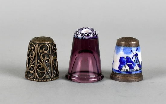 Lot of 3 Collectible Thimbles:  Murano Glass, Delft & Continental Silver