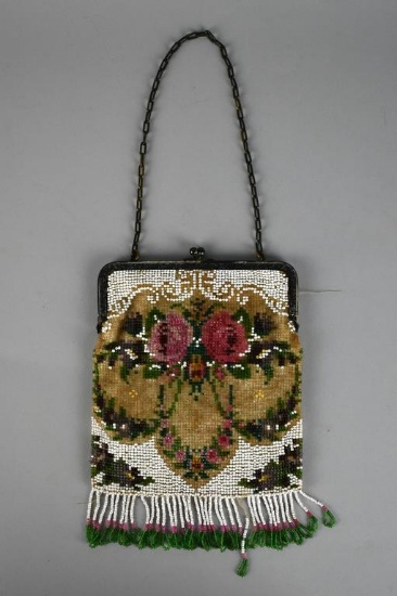 Antique Hand Beaded Frame Purse, White w/ Roses