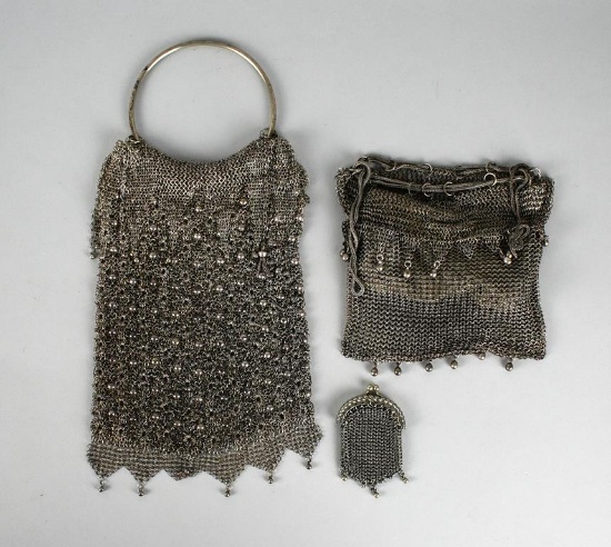 Lot of Three Antique Silver Colored Chain Mesh Purses & Coin Purse