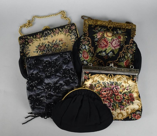 Lot of Five Black Tapestry, Beaded & Cloth Frame Handbags