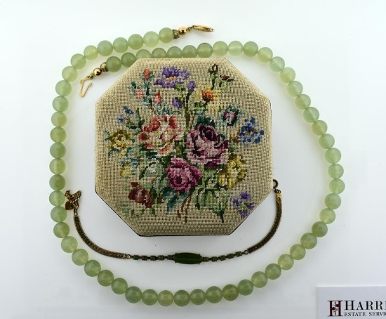 Two Jade Pieces: Bead Necklace and Gilt Sterling Silver Bracelet