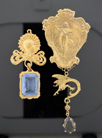 Two Art Nouveau Period Pin Pendants with Large Iridescent Jewel Drops