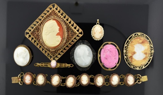 Lot of Vintage Cameo Pins, Pendants, Bracelet