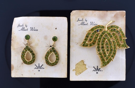 Weiss Green Rhinestone Demi-Parure: Pin & Earrings