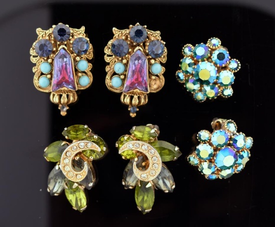 Three Pairs of Weiss or Florenza Fancy Rhinestone Clip Earrings