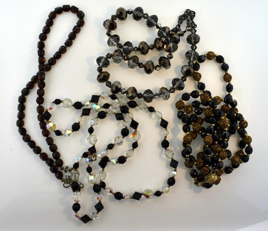 Four Black  Brown Sepia Glass Bead Necklaces