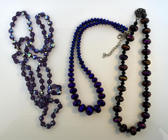 Three Iridescent Purple or Crimson Glass Bead Necklaces