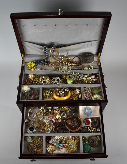 Vintage Mahogany Jewelry Full of Costume Jewelry