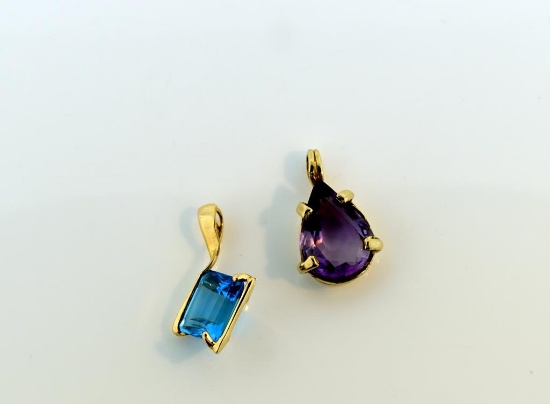 Lot of Two Cut Stone Pendants: Blue Topaz in 14K Gold Filled & Amethyst in Gold Plate