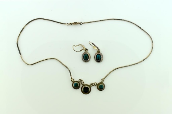 Sterling Silver & Green Cabochon Stone Earrings and 14” Necklace Set