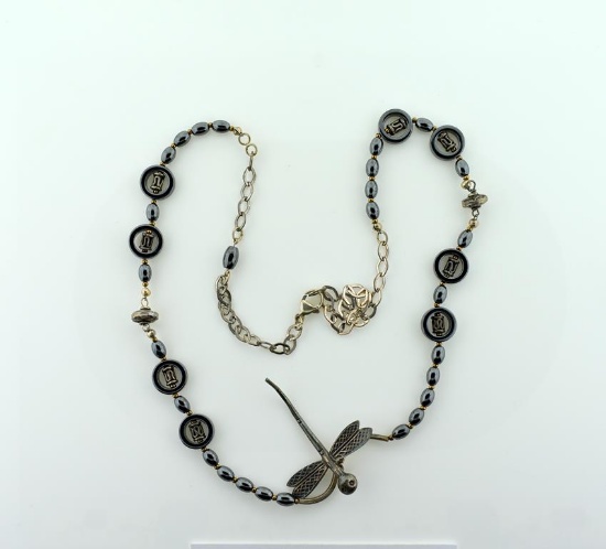Sterling Silver and Hematite 24” Dragonfly Pendant Necklace