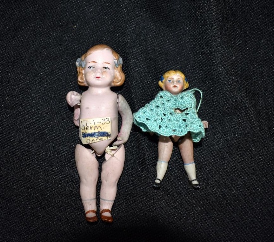 Lot of Two Antique German Porcelain & Jointed Miniature Dolls