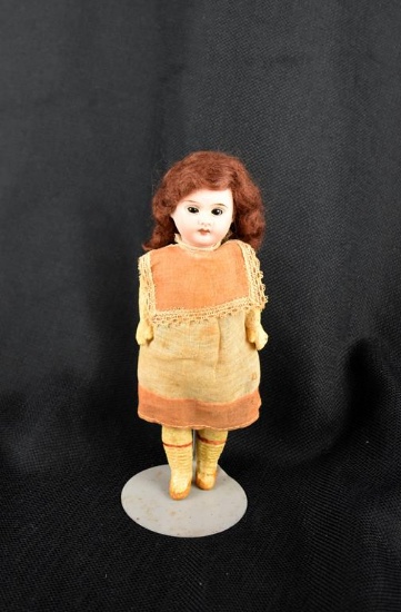 Antique Porcelain & Papier Mache 8” Doll w/ Glass Eyes & Doll Stand, Marked