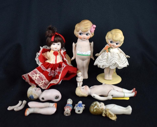 Lot of Nine Bisque Japan Dolls: Kewpie Flapper Doll & Others