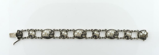 Vintage Sterling Silver Pearl and Hematite 7.5” Bracelet