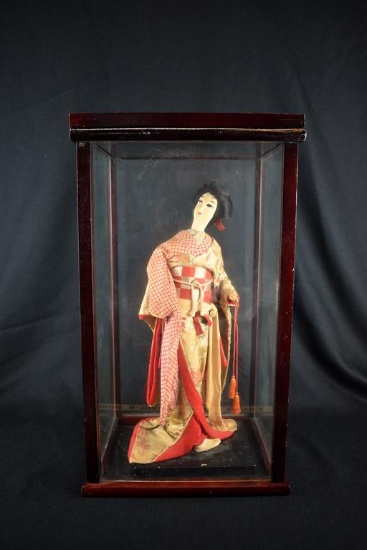 Vintage Oriental Japanese 16” Geisha Doll in Wood & Glass Case