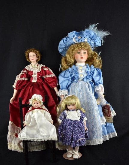 Lot of Four Porcelain & Soft Body Dolls w/ Wooden Doll Chair: Goebel & Dynasty Dolls