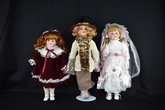 Lot of Three Porcelain & Soft Body Dolls: Madeline Collection “Margaret”, Thomco Bride, & Other