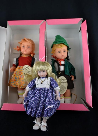 Lot of Three German Dolls: M. I. Hummel Vinyl “Hansl” & “Rosl” & Goebel Porcelain February Doll