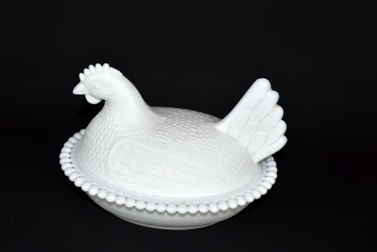 Vintage Milk Glass Hen on Nest Covered Dish w/ Beaded Rim I