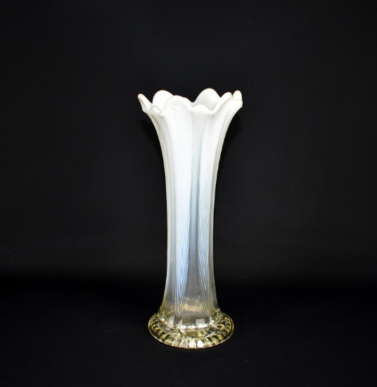 Northwood Glass “Feathers” White Opalescent 10” Vase w/ Scalloped & Ruffled Rim