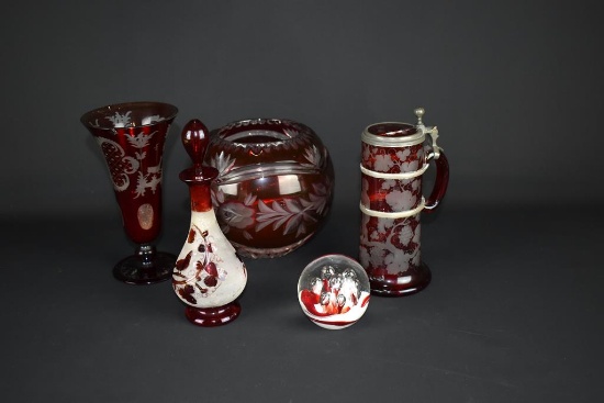 Lot of Five Ruby Glass Pieces: Vase, Rose Bowl, Stein, Decanter, & Paperweight