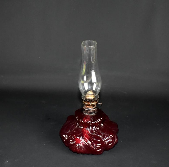 Cranberry Glass Base 8.5” Oil Lamp, Clear Chimney
