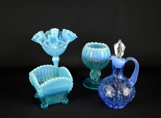Lot of Four Blue Glass Pieces: Fenton Compote, Footed Rose Bowl, Cruet, Square Bowl