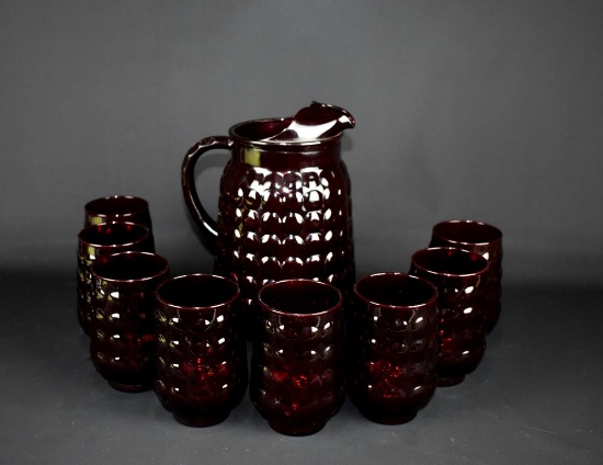 Vintage Anchor Hocking Ruby Red Bubbles Glass Pitcher w/ Eight Tumblers