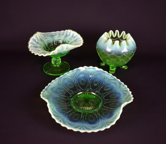 Lot of Three Vintage Green Opalescent Pieces: Dugan Compote, Rose Bowl, Bowl