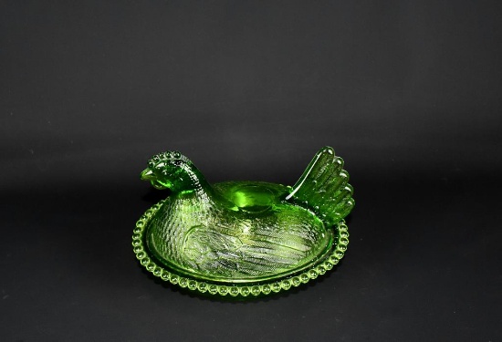 Vintage Green Glass Hen on Nest Dish w/ Beaded Rim