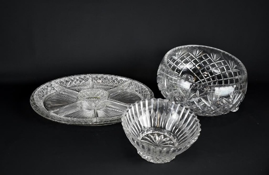 Lot of Three Clear Glass & Crystal Serving Pieces: Two Bowls & Oval Divided Tray