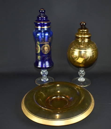 Lot of Three Gold & Blue Glass Beaded Apothecary Jars & Gilt Edged Bowl