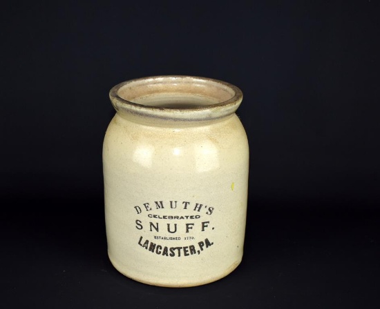 Antique DeMuth's Celebrated Stoneware Snuff Jar, Lancaster, PA