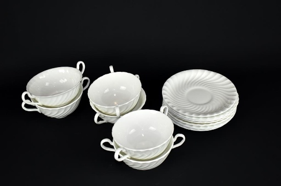 Aynsley Thirteen Piece Bone China White Swirl Cream Soup Loving Cups & Saucers