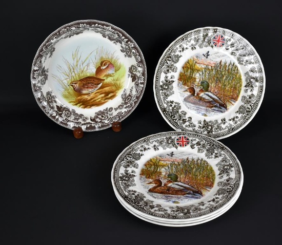 Lot of Spode “Woodland” Pie Plate & Four Queen's “Quintessential Game” Dinner Plates