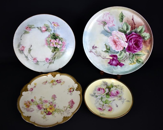 Lot of Four Continental Rose-Themed Hand-Painted Decorative China Plates