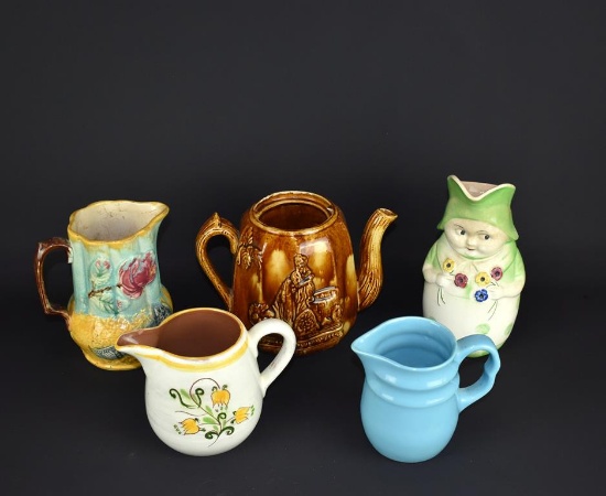 Lot of Five Vintage Jugs & Teapot: Majolica, Stangl Pottery & Others