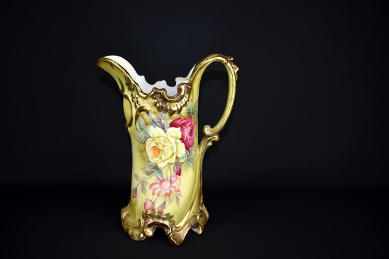 Antique Hand-painted Green & Gilt w/ Rose Theme Nippon 12” Pitcher