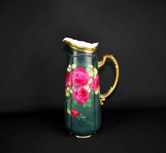 Antique O & EG Royal Austria Dark Green & Gilt w/ Rose Theme 13” Pitcher