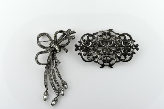 Lot of Two Antique Sterling Silver & Rhinestone Pin/Clip