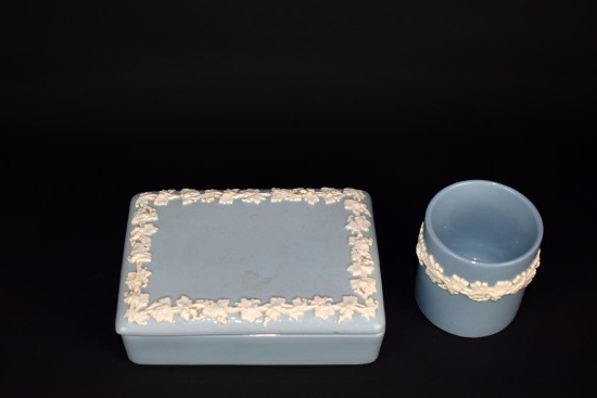 Wedgwood Blue Embossed Queensware Cigarette Box & Miniature Tumbler w/ Grape Vines