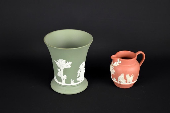 Lot of Two Small Wedgwood Green & Red Sprigware Pieces: Vase & Creamer