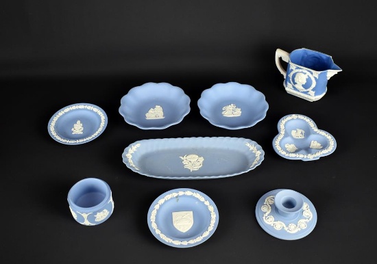 Lot of Eight Wedgwood Blue Decorative Pieces w/ Classical Figures, Flowers, & Other
