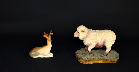 Lot of Two Animal Figurines: Marble Aggregate New Zealand Ewe & Russian Ceramic Deer