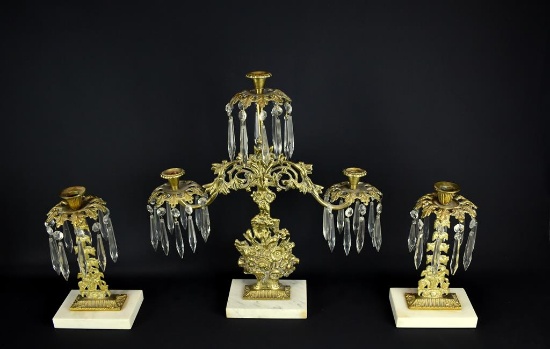 Brass & Crystal Prism Mantle Garniture Set with Alabaster Bases