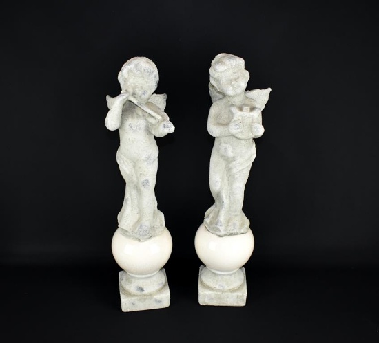 Pair of White Ceramic Decorative 22” Cupid Figurines